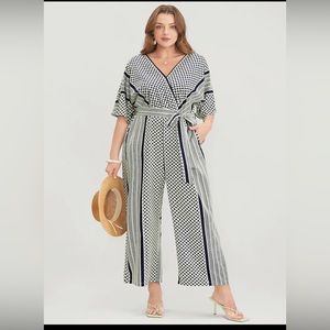 Geometric Contrast Dolman Sleeve Pocket Belted Wrap Jumpsuit